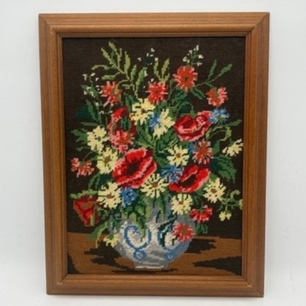 Vintage Handmade Needlepoint Floral Wall Art Large Framed Embroidery 15x19